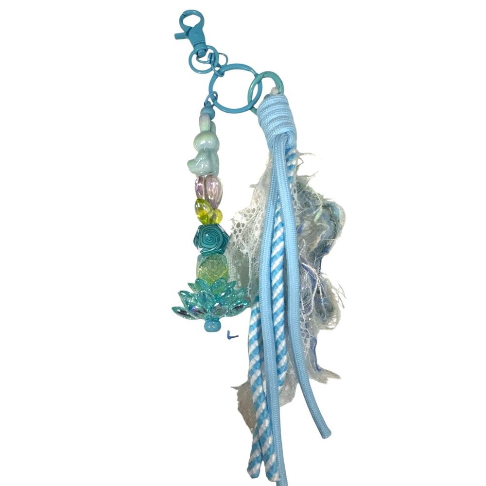Beaded Tassel Keychain With Bunny & Flower Charms In Blue & Lace Accents